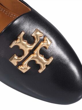 Tory Burch Black Leather Slip-On Ballet Flat with Gold Logo Accent